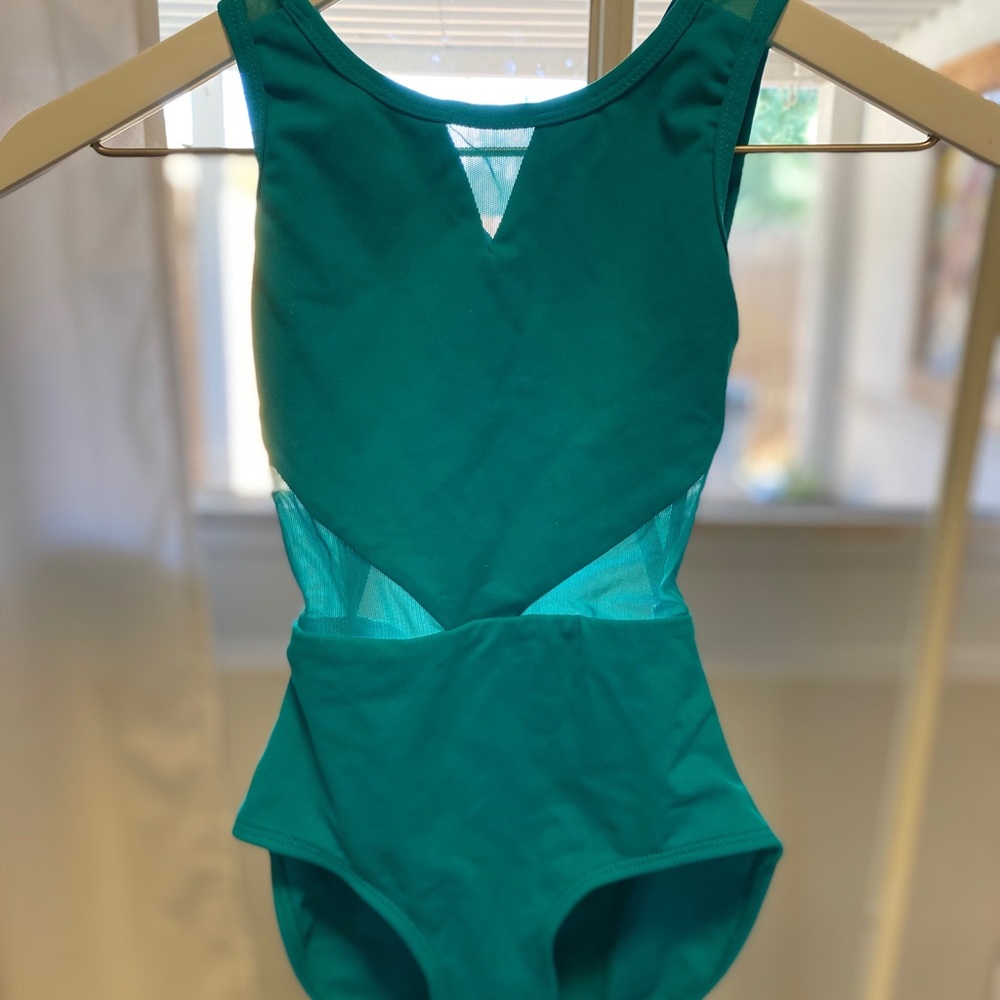 Teal leotard with mesh cut outs